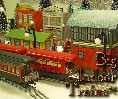 Big Indoor Trains� - A collection of 'how-to' articles for people using big trains indoors. This photo shows a Bachmann On30 observation car next to a Marx tinplate car in a setting that showcases our Tribute to Tinplate projects.  Click for a bigger photo.