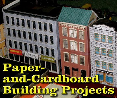 Paper and Cardboard Building Projects.  This photo is from a display railroad that Bob Anderson built, using cardboard boxes and graphics from our pages. More details below.