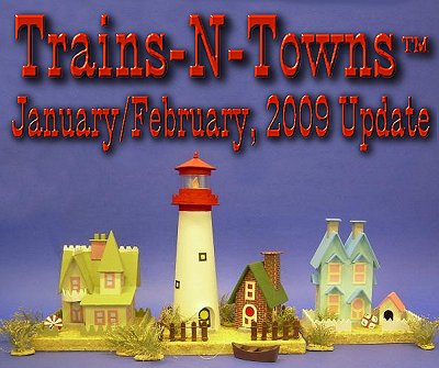 The official e-newsletter of Big Indoor Trains<sup><small>TM</small></sup> and Big Christmas Trains<sup><small>TM</small></sup>. This photo includes some of author and designer Howard Lamey's beach houses, built in the style of 1920-1960 Christmas 'putzes.'  Who says you can't leave your 'putz' up all year round? Click for bigger photo. 
