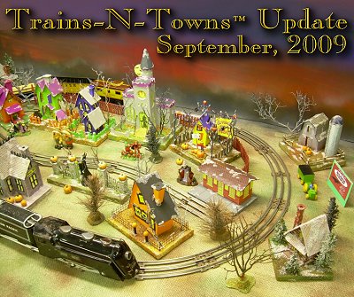 The official e-newsletter of Big Indoor Trains<sup><small>TM</small></sup> and Big Christmas Trains<sup><small>TM</small></sup>. This is Howard Lamey's Halloween village, with Spook Hill<sup><small>TM</small></sup> structures and an antique Marx train.  Click to see a larger image.