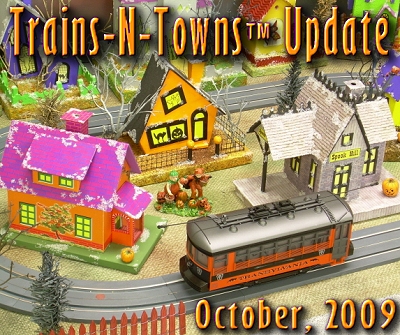 The official e-newsletter of Big Indoor Trains<sup><small>TM</small></sup> and Big Christmas Trains<sup><small>TM</small></sup>. This is Howard Lamey's Halloween village, with Spook Hill<sup><small>TM</small></sup> structures and a Lionel Transylvania Trolley.  Click to see a larger image.