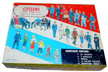 The unpainted Plasticville Citizens set.  Later, when manufacturing moved to Asia, the set came painted. Click for bigger photo.