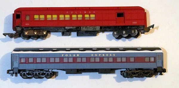 A classic AF combine and a Polar Express coach photographed together for comparison.  Click for bigger photo.